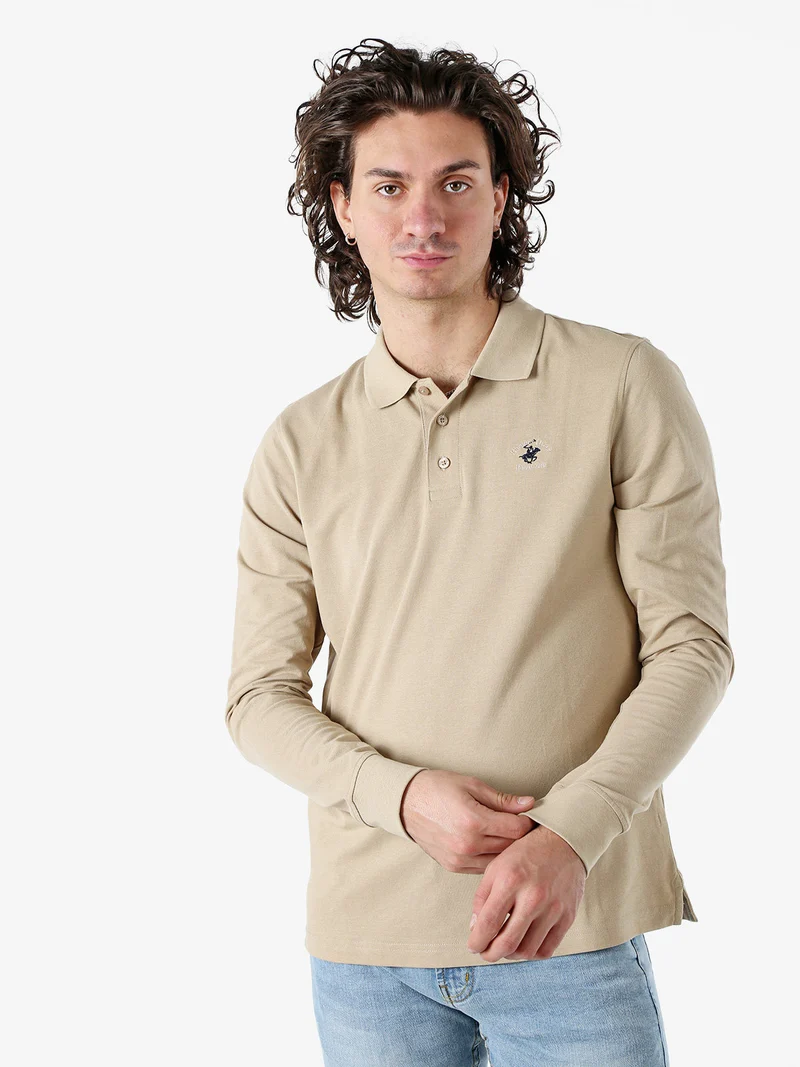 Polo da uomo in cotone con logo a maniche lunghe - khaki