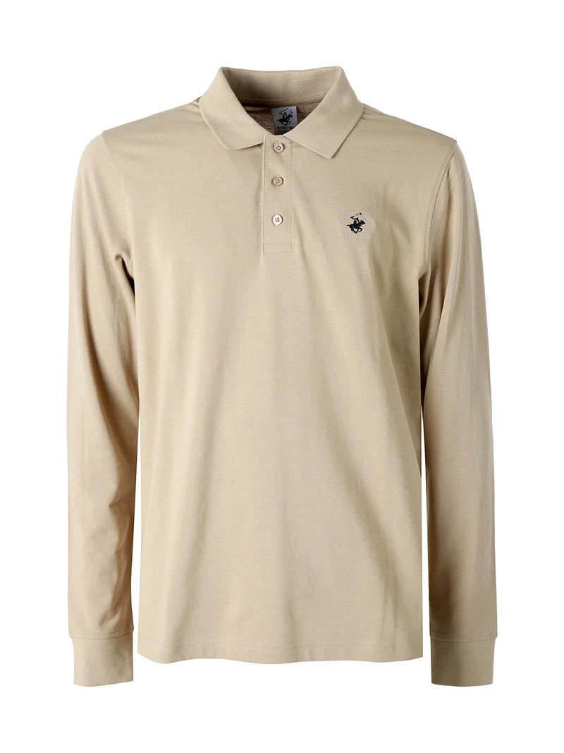 Polo da uomo in cotone con logo a maniche lunghe - khaki