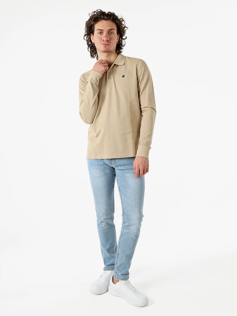 Polo da uomo in cotone con logo a maniche lunghe - khaki