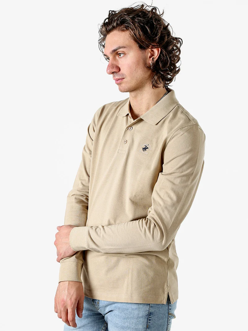 Polo da uomo in cotone con logo a maniche lunghe - khaki