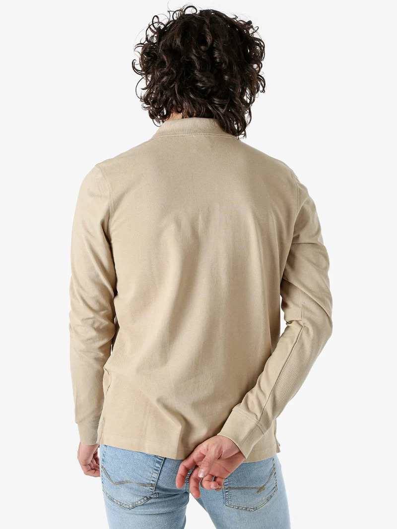 Polo da uomo in cotone con logo a maniche lunghe - khaki