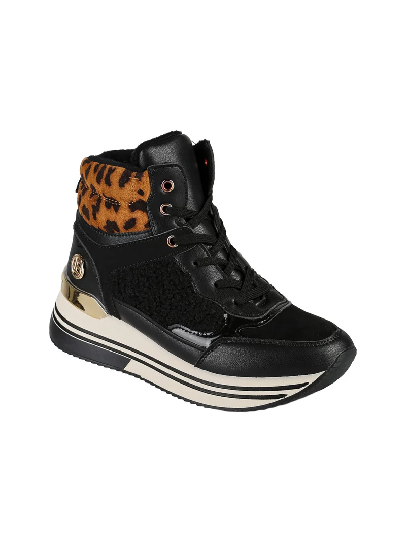 Sneakers donna alte con platform e interno in ecopelo - nero