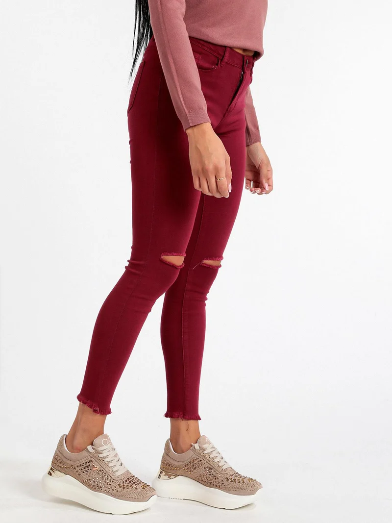 Pantaloni donna skinny con strappi - bordeaux