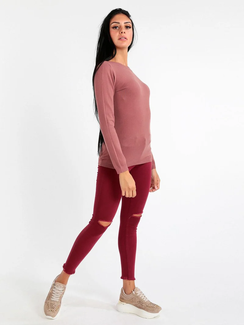Pantaloni donna skinny con strappi - bordeaux