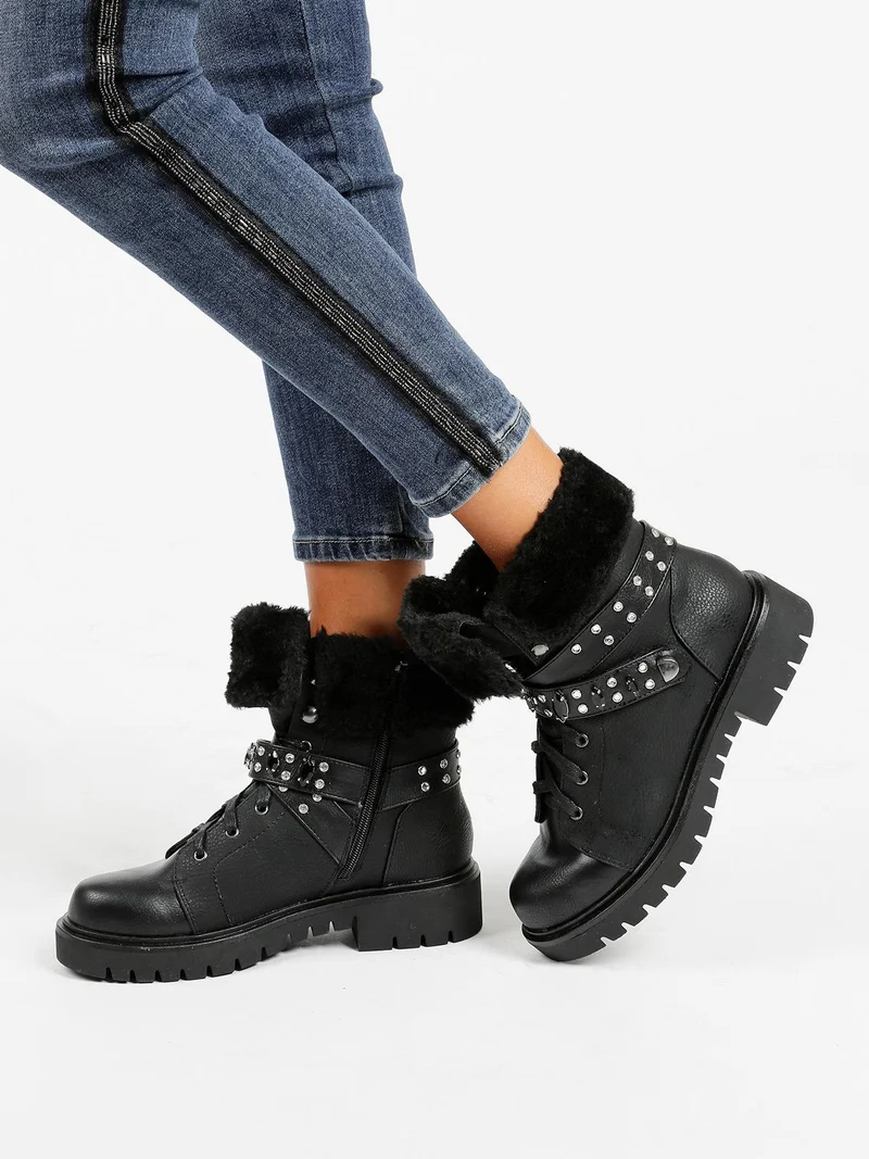 Stivaletti stringati con strass - nero