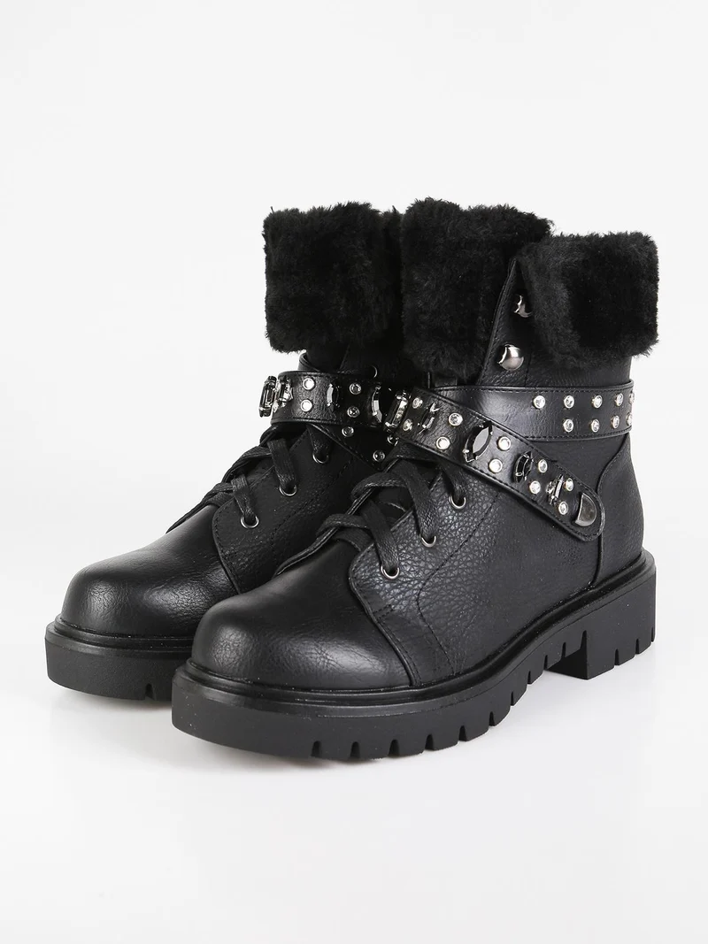 Stivaletti stringati con strass - nero
