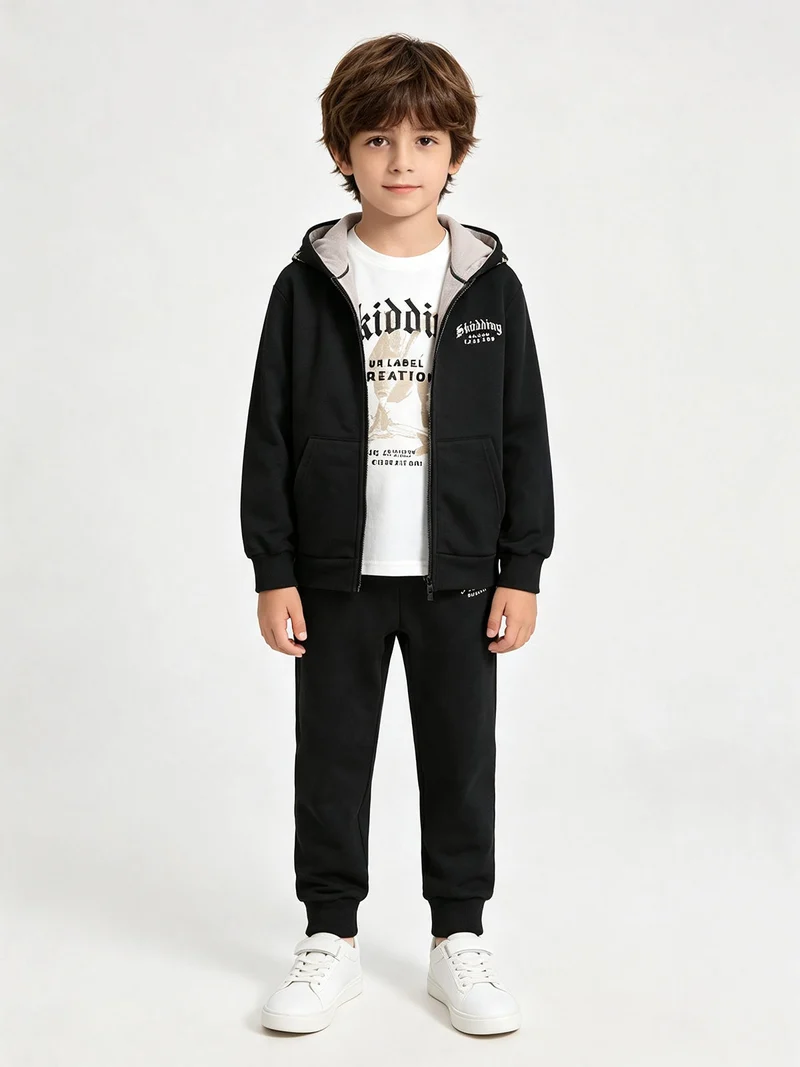 Completo tuta 3 pezzi da bambino full zip con cappuccio e interno felpato - nero