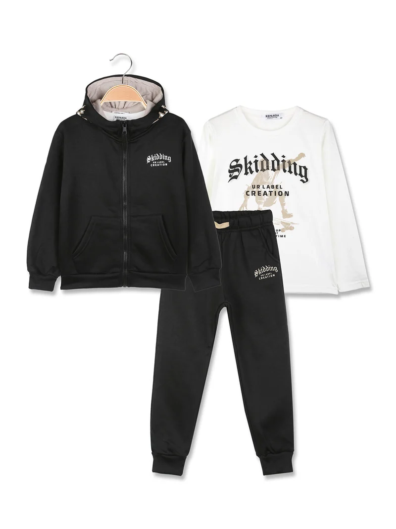 Completo tuta 3 pezzi da bambino full zip con cappuccio e interno felpato - nero