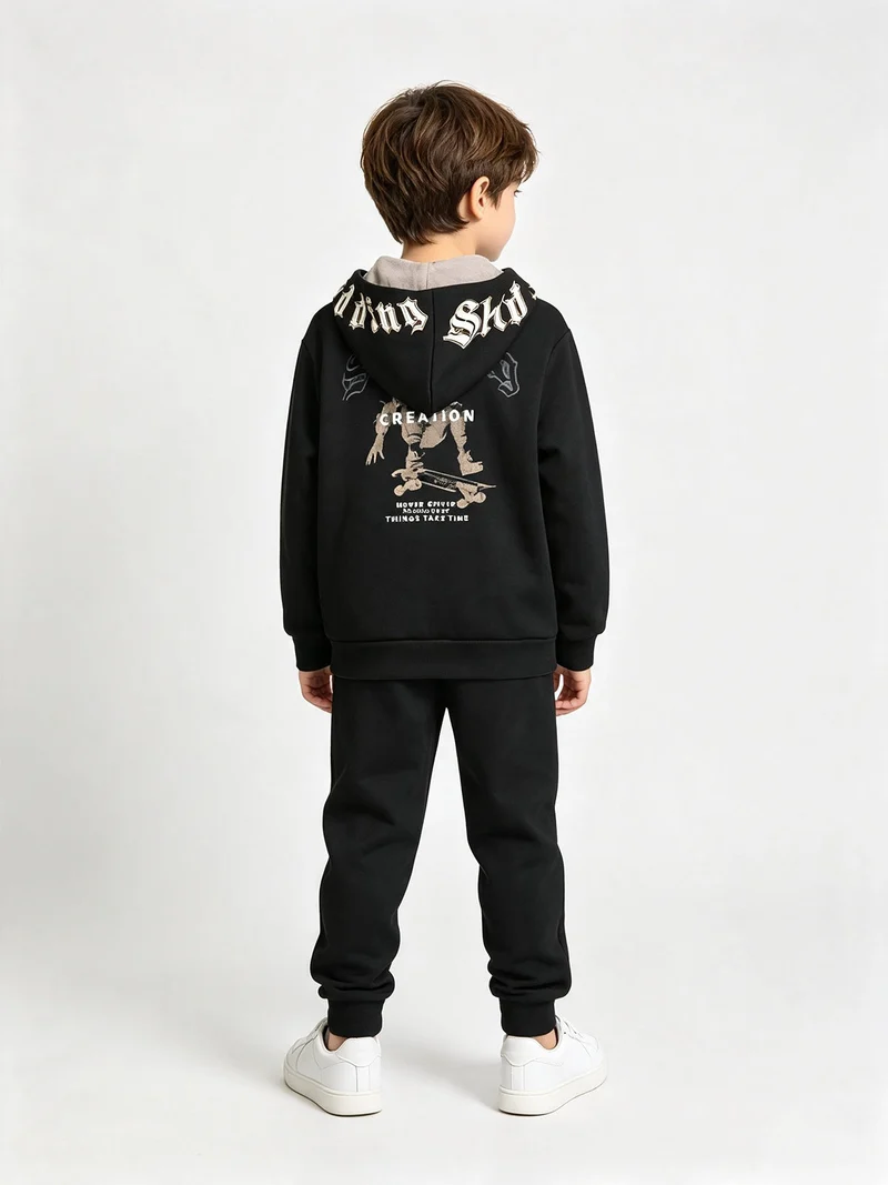 Completo tuta 3 pezzi da bambino full zip con cappuccio e interno felpato - nero