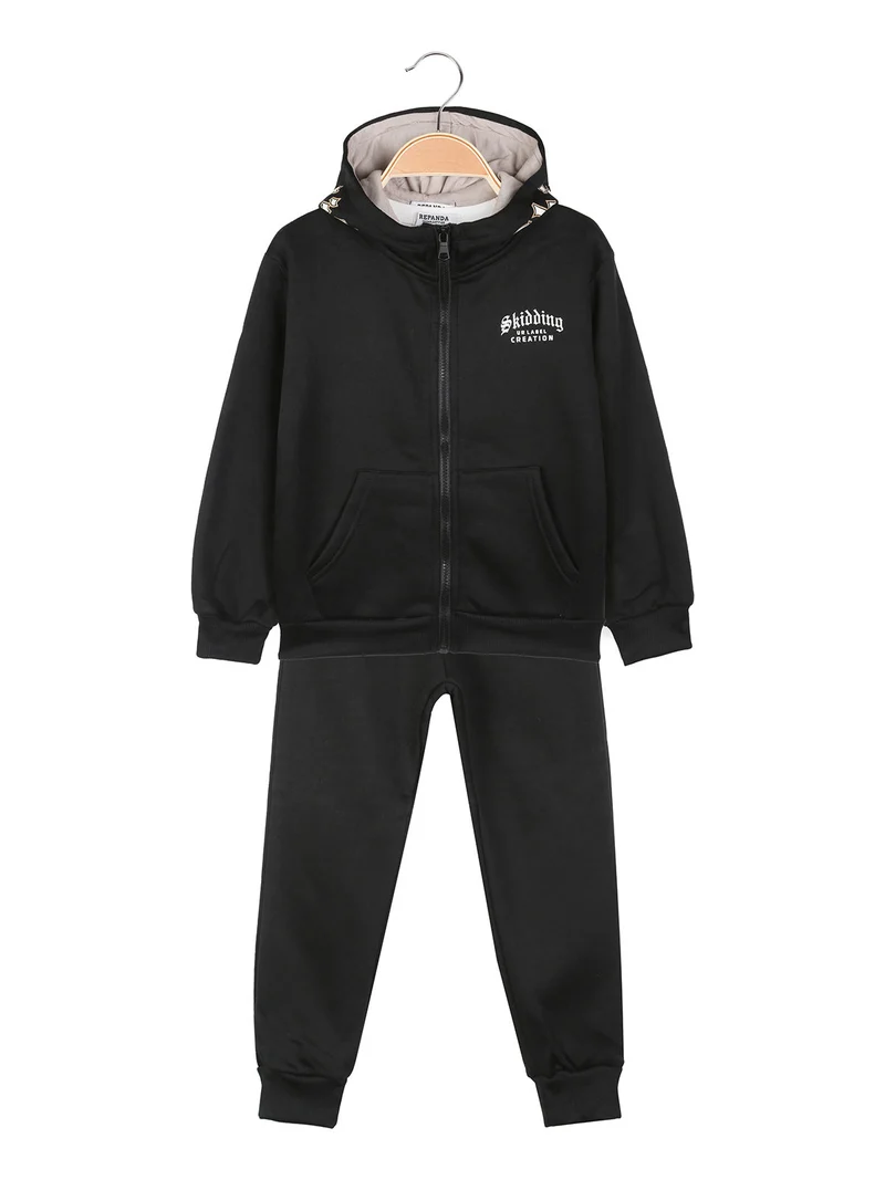 Completo tuta 3 pezzi da bambino full zip con cappuccio e interno felpato - nero