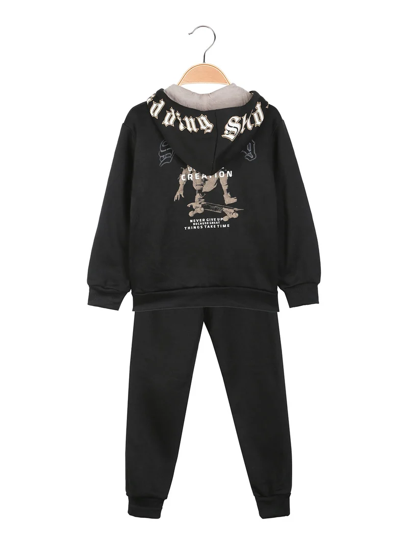 Completo tuta 3 pezzi da bambino full zip con cappuccio e interno felpato - nero