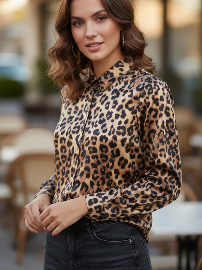 Camicia donna animalier a maniche lunghe - cammello
