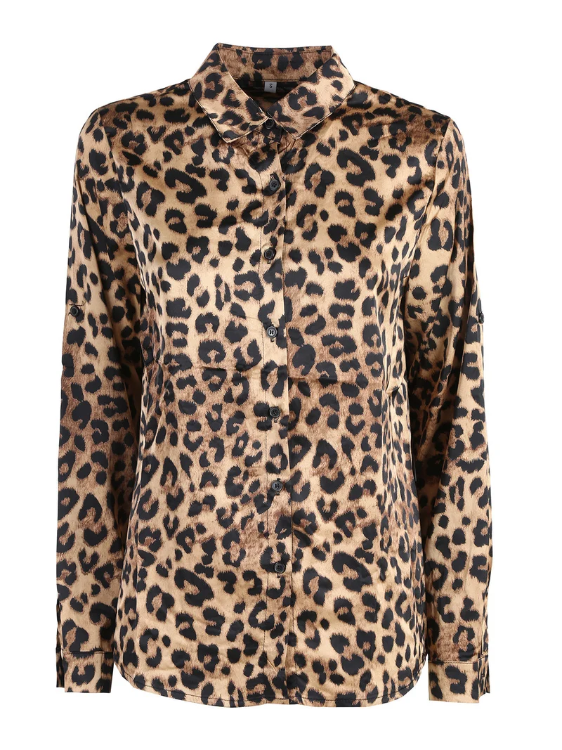 Camicia donna animalier a maniche lunghe - cammello
