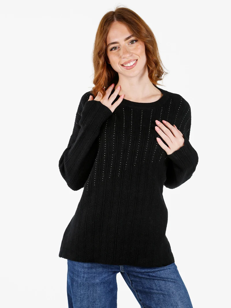 Maglione donna oversize a trecce con strass - nero