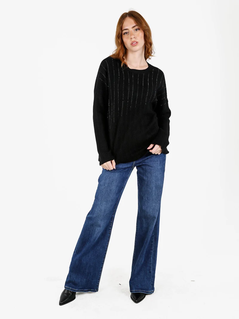 Maglione donna oversize a trecce con strass - nero