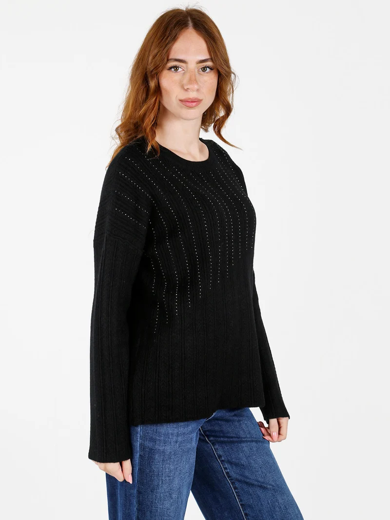 Maglione donna oversize a trecce con strass - nero