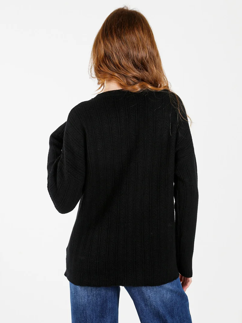 Maglione donna oversize a trecce con strass - nero