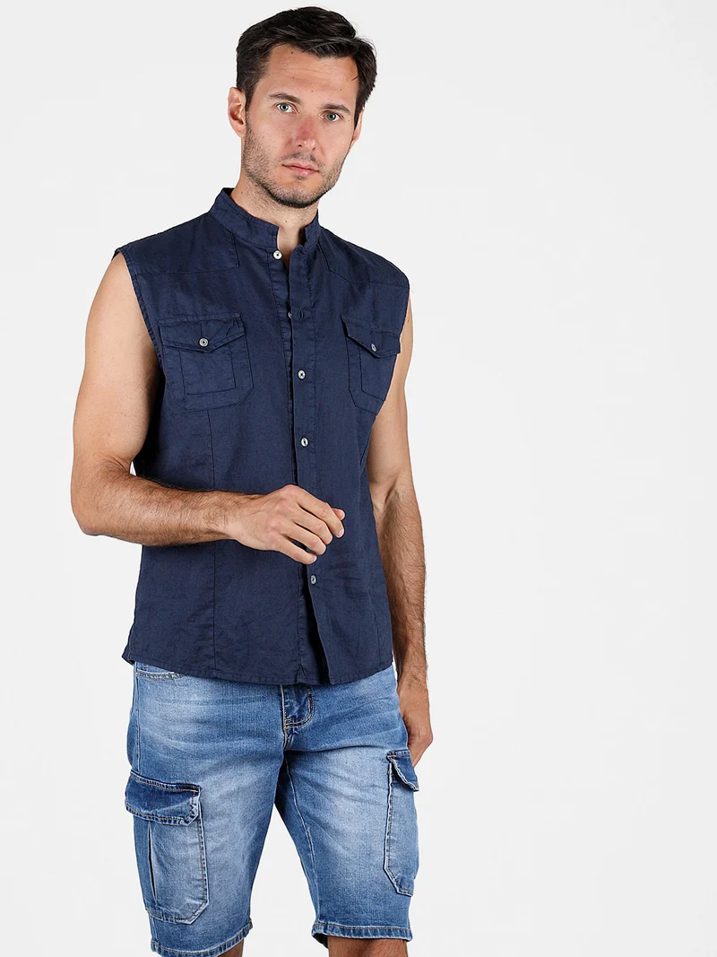 Camicia smanicata da uomo in lino - blu scuro