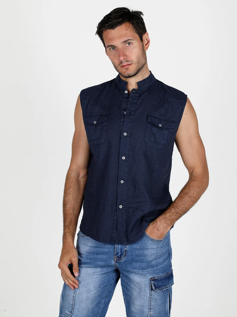 Camicia smanicata da uomo in lino - blu scuro