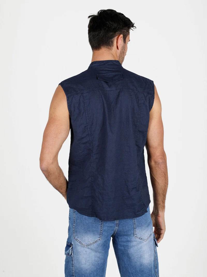 Camicia smanicata da uomo in lino - blu scuro