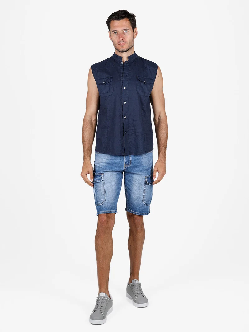 Camicia smanicata da uomo in lino - blu scuro
