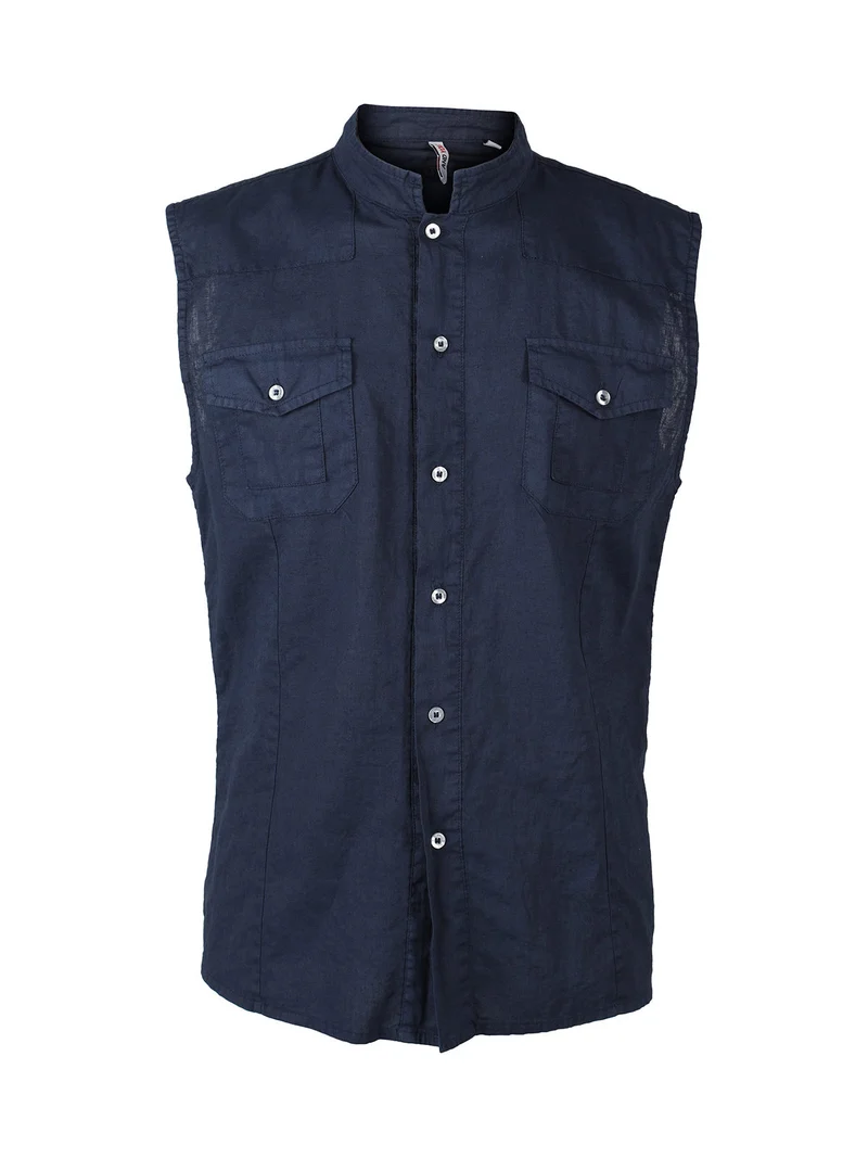 Camicia smanicata da uomo in lino - blu scuro