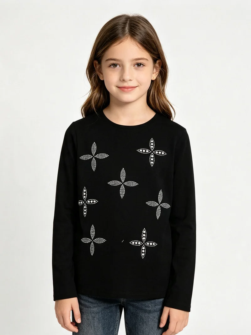 T-shirt da bambina a maniche lunghe con strass e perle - nero