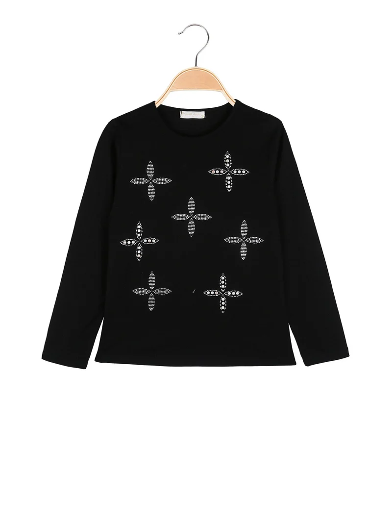 T-shirt da bambina a maniche lunghe con strass e perle - nero