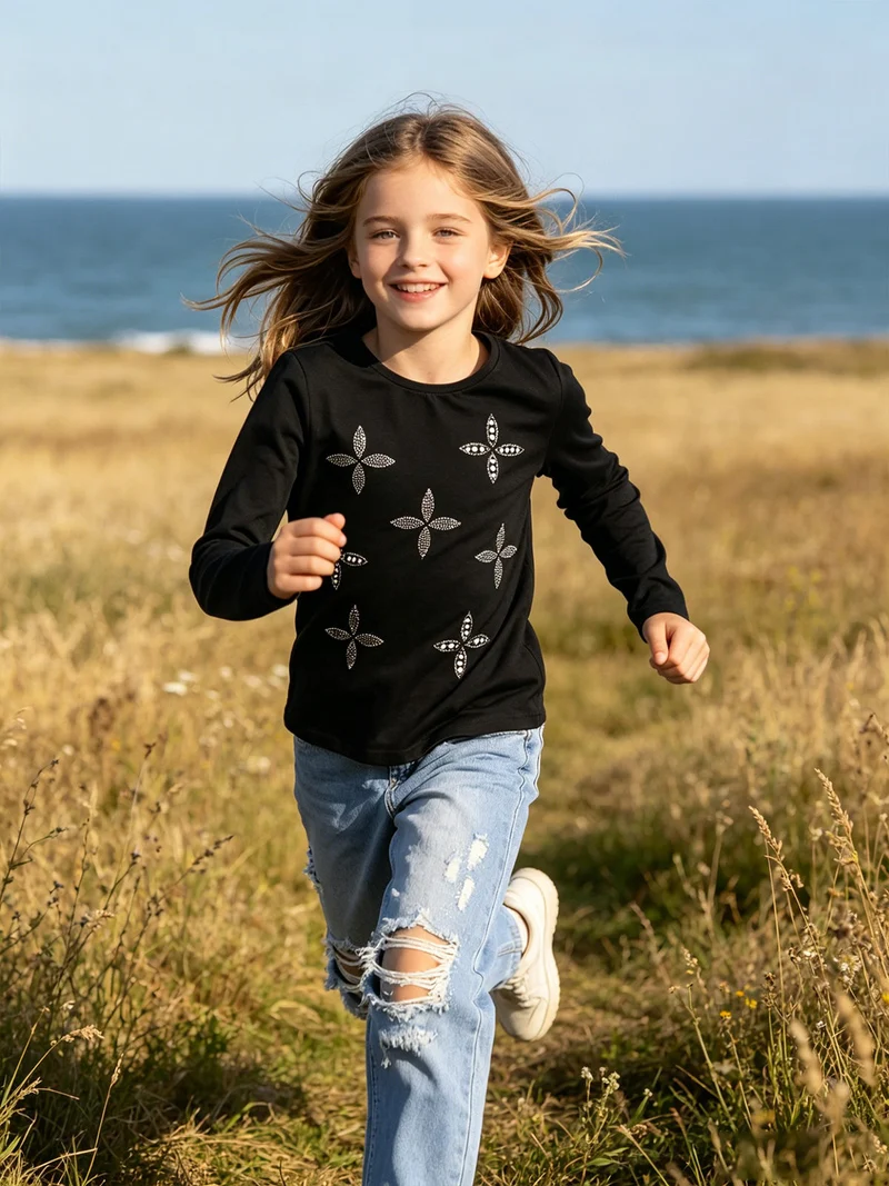 T-shirt da bambina a maniche lunghe con strass e perle - nero