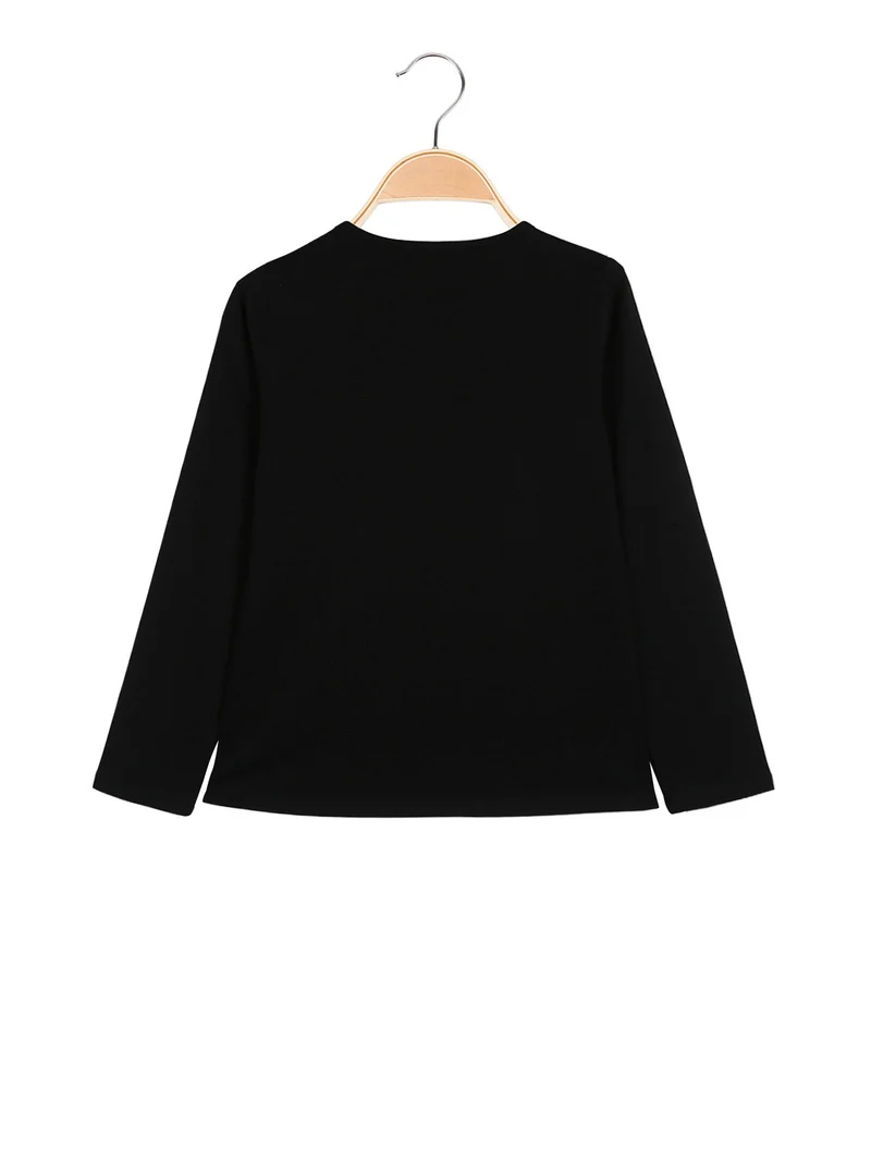 T-shirt da bambina a maniche lunghe con strass e perle - nero