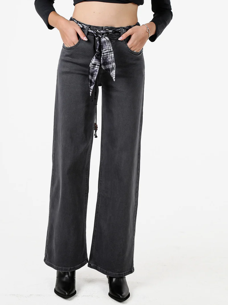 Pantaloni donna jeans wide leg con foulard in vita - grigio
