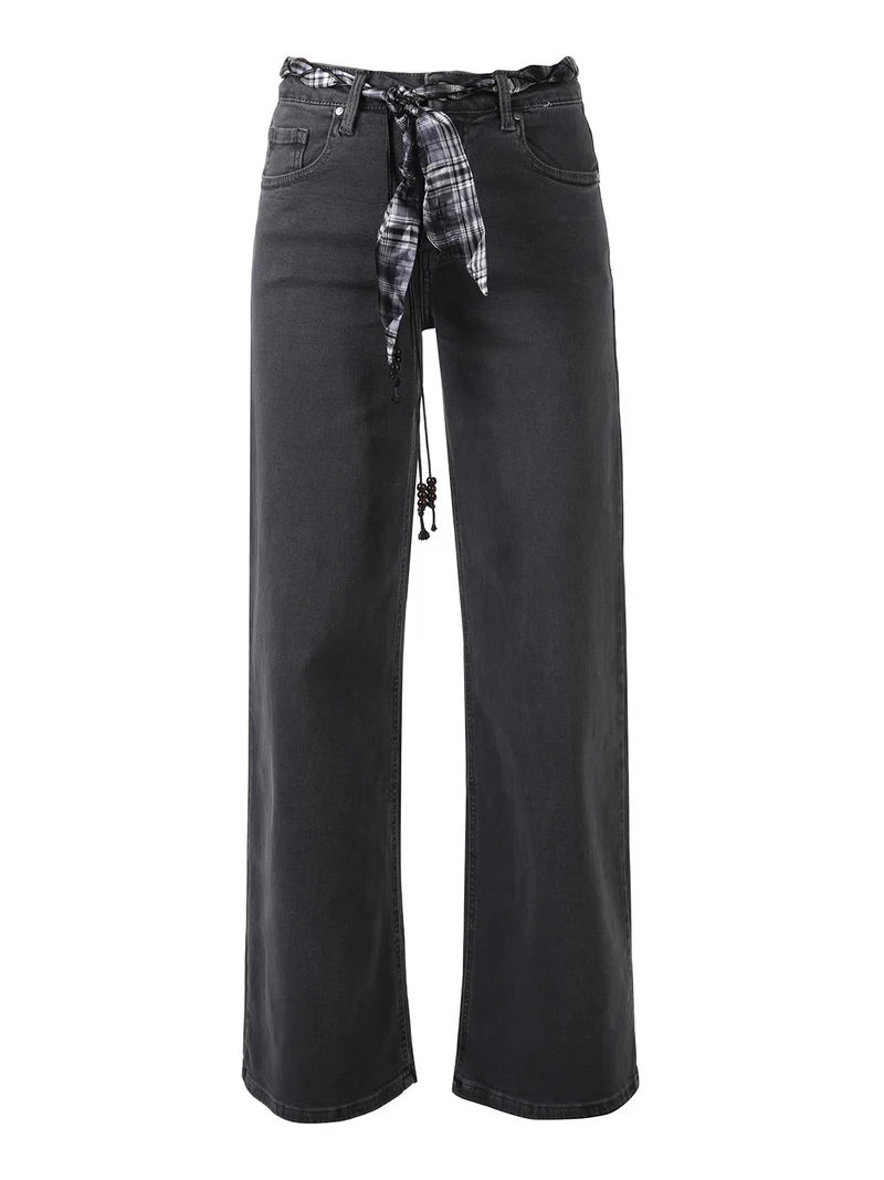 Pantaloni donna jeans wide leg con foulard in vita - grigio