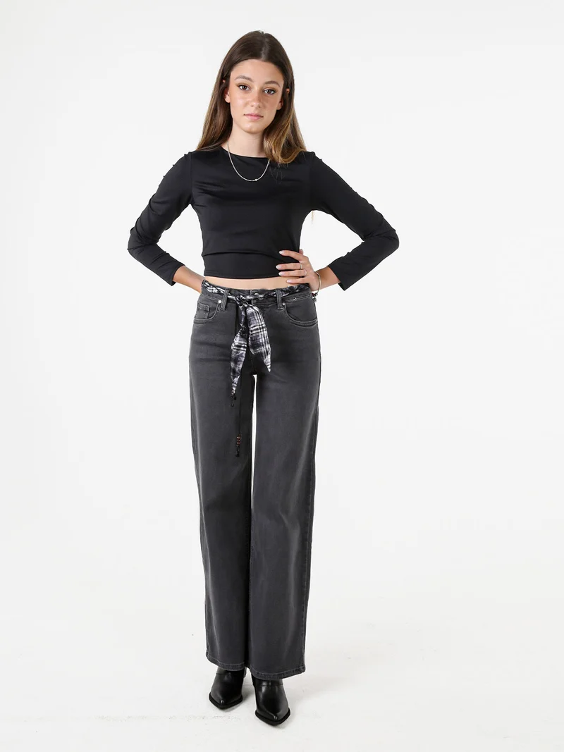 Pantaloni donna jeans wide leg con foulard in vita - grigio