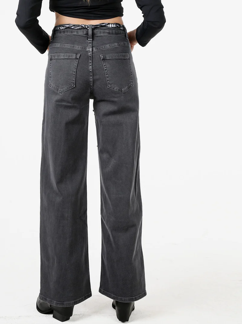 Pantaloni donna jeans wide leg con foulard in vita - grigio