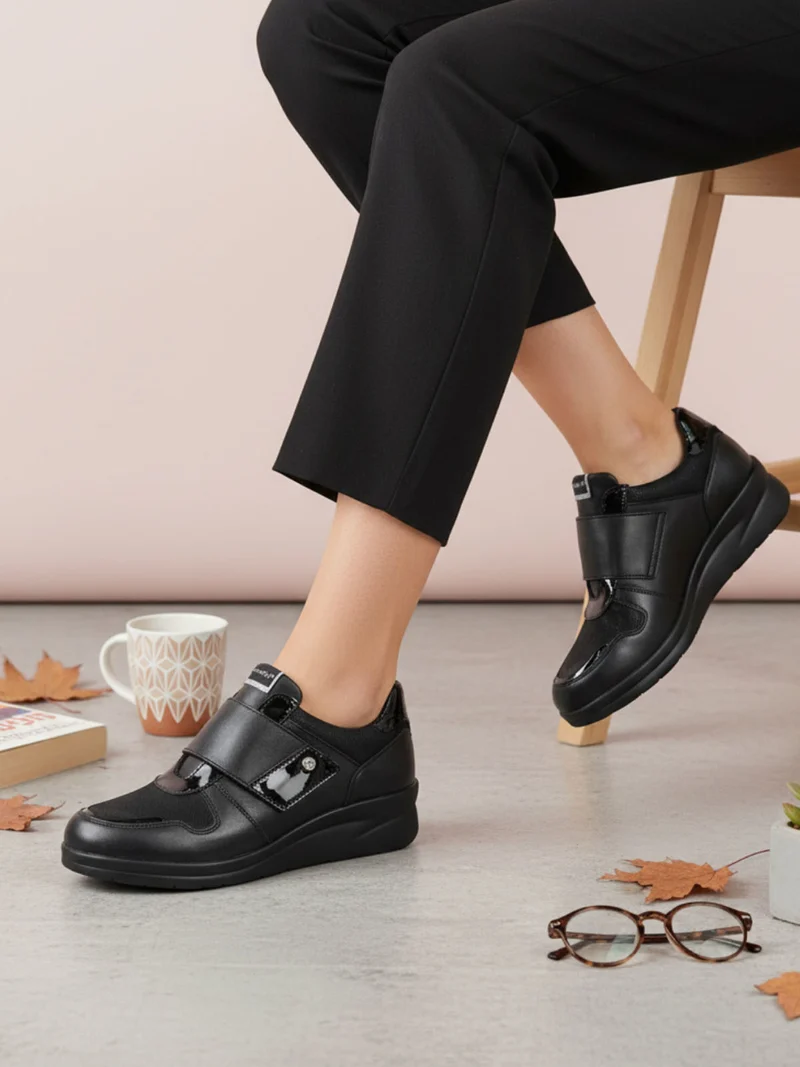 Scarpe in pelle da donna con strappo e zeppa - nero