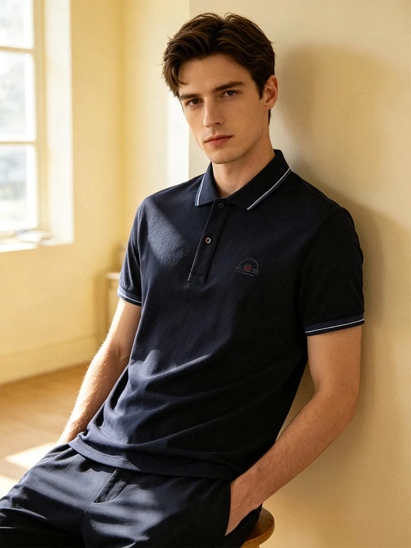 Polo da uomo in cotone a maniche corte con logo - blu scuro