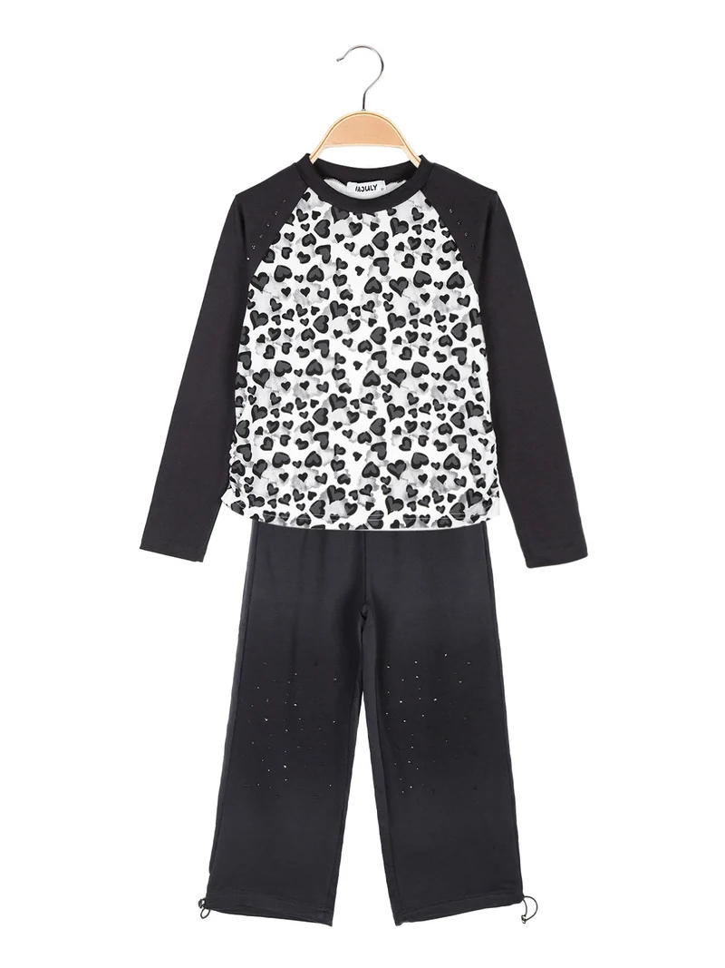 Completo 2 pezzi da bambina con maglietta stampata e pantaloni a zampa - grigio scuro