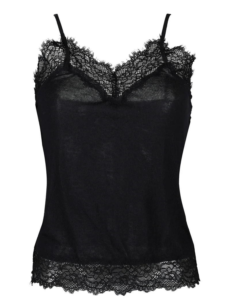 Top donna in cashmere ultra light con pizzo - nero