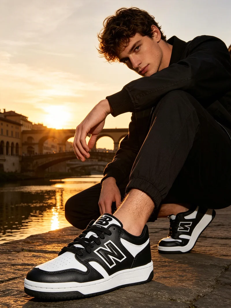 480 Sneakers stringate in pelle da uomo - nero