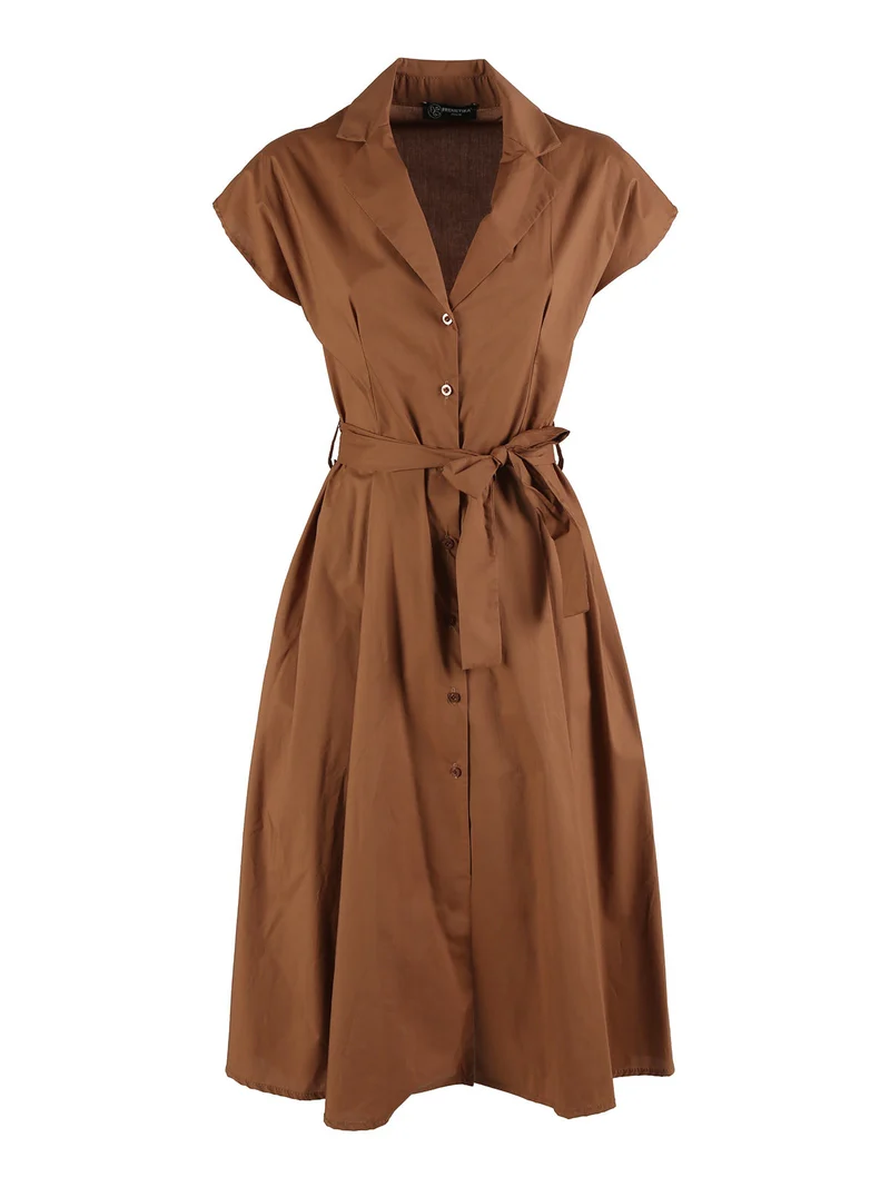 Abito a camicia da donna in cotone con maniche corte - marrone