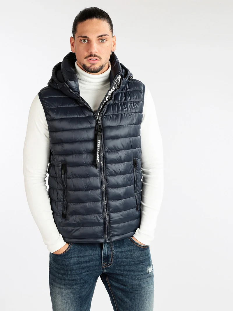 Gilet da uomo imbottito con cappuccio - blu scuro