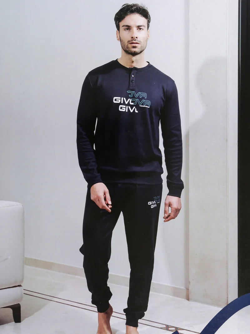 Pigiama da uomo lungo in cotone interlock - blu scuro