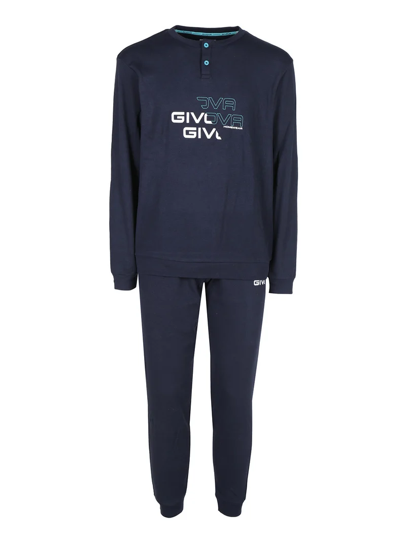 Pigiama da uomo lungo in cotone interlock - blu scuro