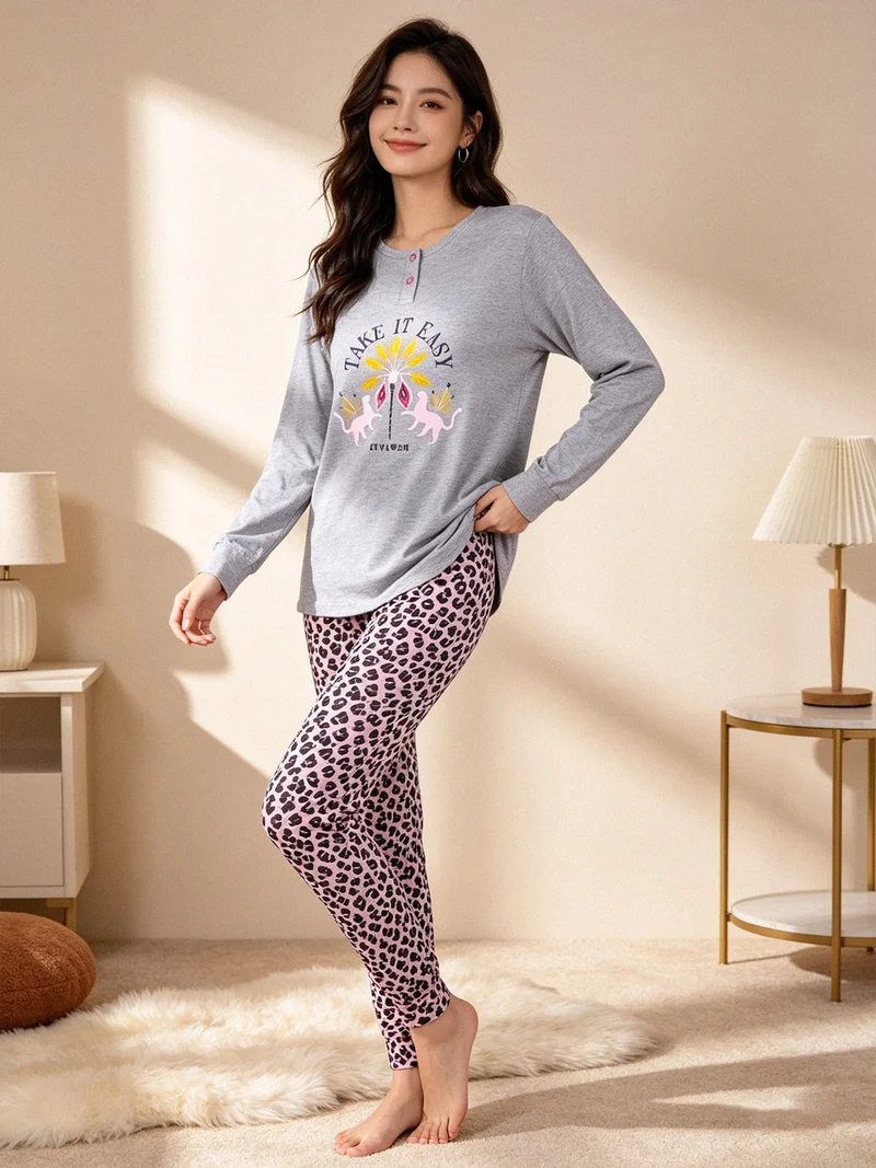 Pigiama lungo donna in cotone con pantaloni maculati - grigio