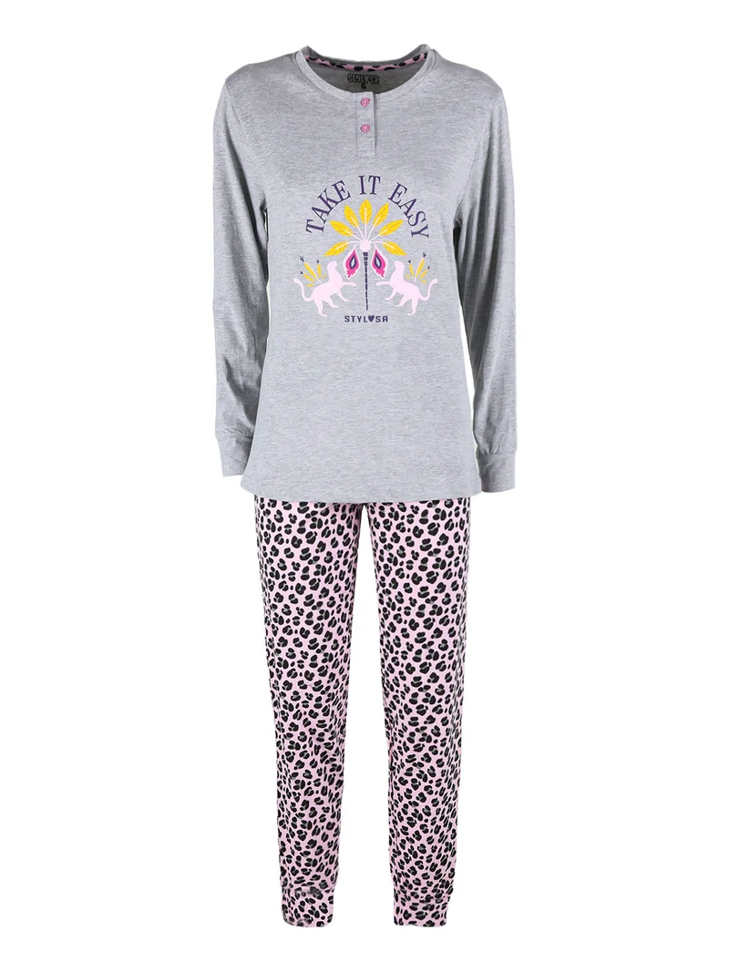 Pigiama lungo donna in cotone con pantaloni maculati - grigio