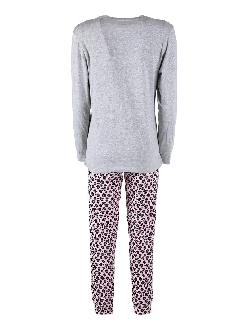 Pigiama lungo donna in cotone con pantaloni maculati - grigio