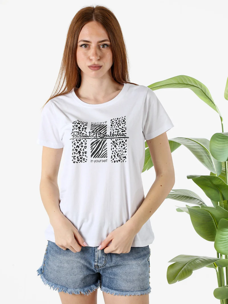 T-shirt girocollo da donna in cotone con stampa e brillantini - bianco