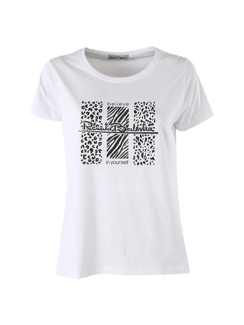 T-shirt girocollo da donna in cotone con stampa e brillantini - bianco