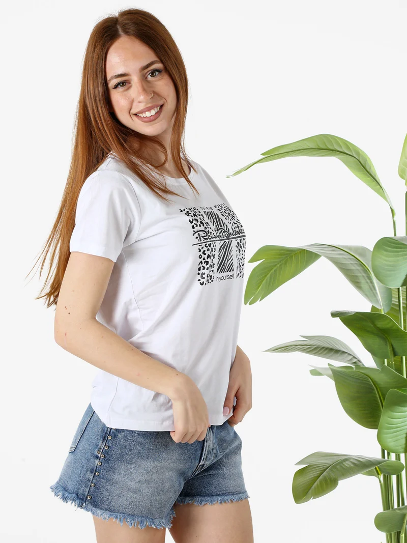 T-shirt girocollo da donna in cotone con stampa e brillantini - bianco