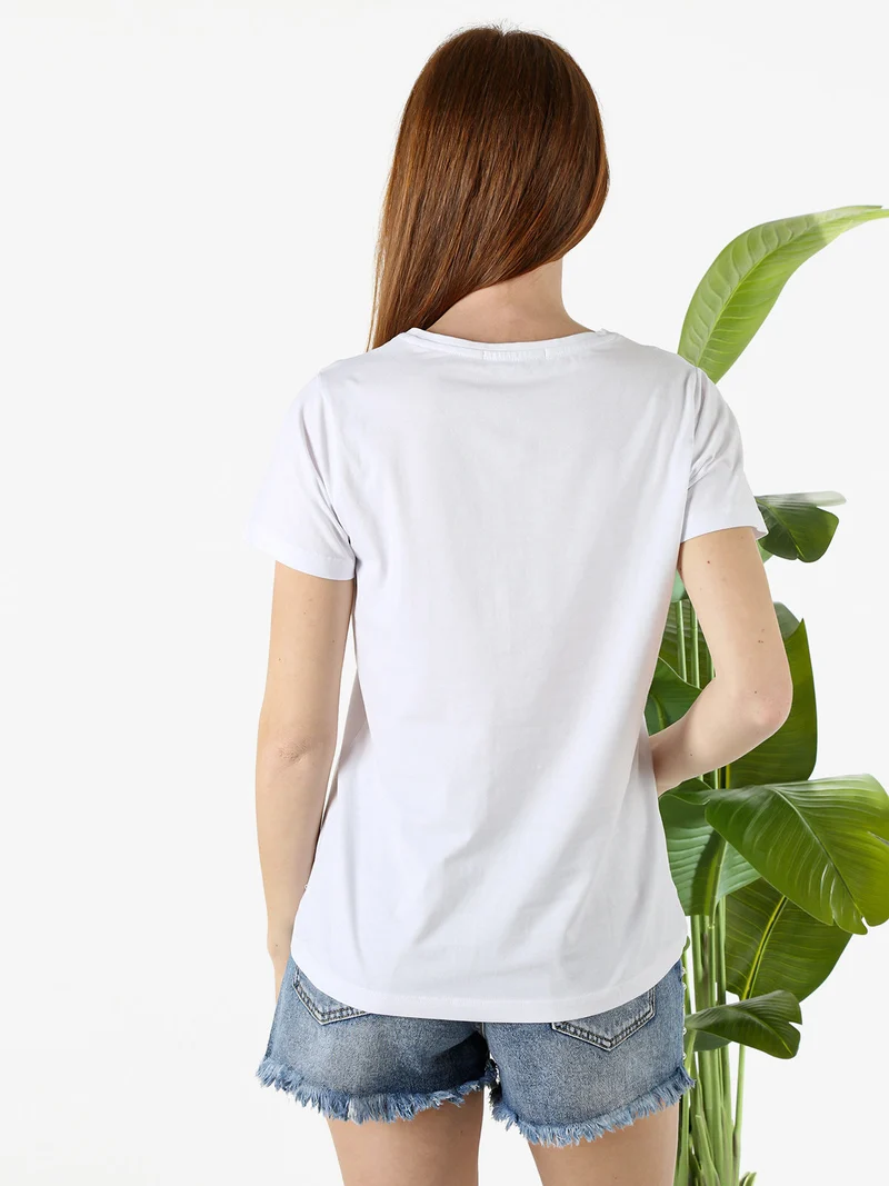 T-shirt girocollo da donna in cotone con stampa e brillantini - bianco